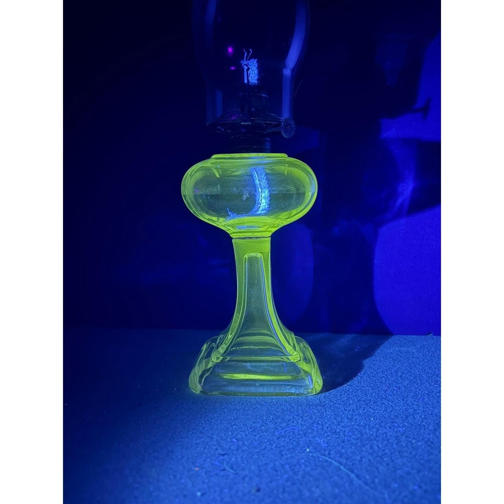 Antique Uranium Glass Kerosene Oil Lamp Rounded Square Font Clear Glass UV Glow